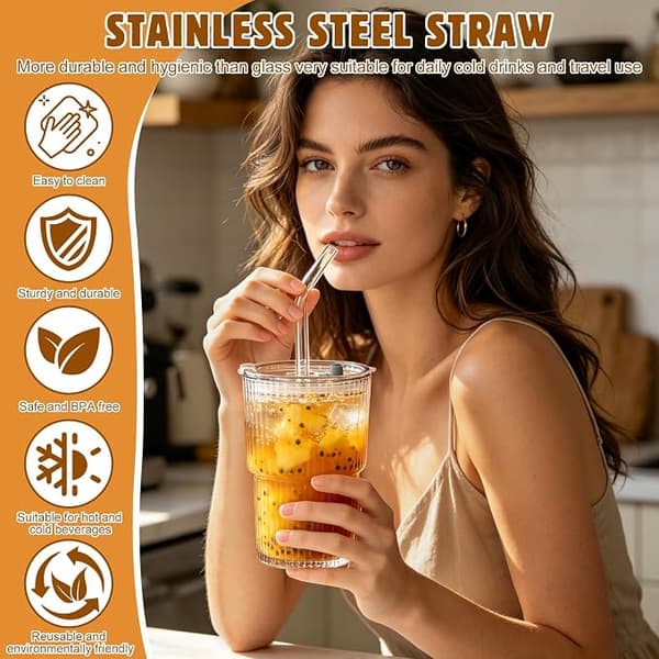 2 delar 400 ml räfflade glasburkar med lock och sugrör, iskaffeglas, smoothieglas, lufttät och vattentät design