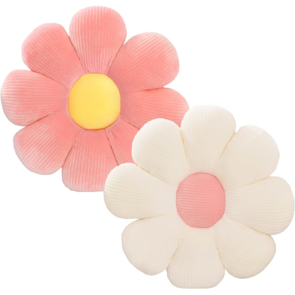 2 stk. Blomsterpude - Daisy Flower Formet Pude, Sød Blomst Plys Gulvpuder Pude til Soveværelse Sofa Stol Dekoration