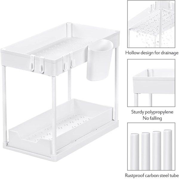 1-pack förvaring under diskbänken, 2-vånings hylla under diskbänken med utdragbar låda, mångsidig förvaring under diskbänken i badrum för Cou White White 1