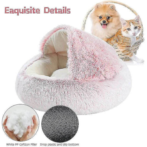 Fluffy katteseng, rund, blød plys, hul med hætte, katteseng, til vinter, varm, sovepude, skridsikker, maskinvaskbar, til katte og hvalpe