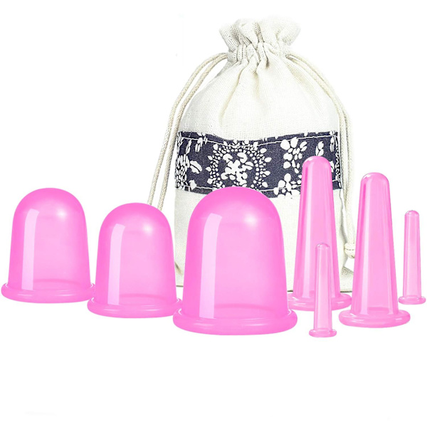 Koppningsterapi set 7 st silikon anti-cellulit kopp vakuumsug massage koppar ansiktskoppning set kropp och ansikte（Rosa）