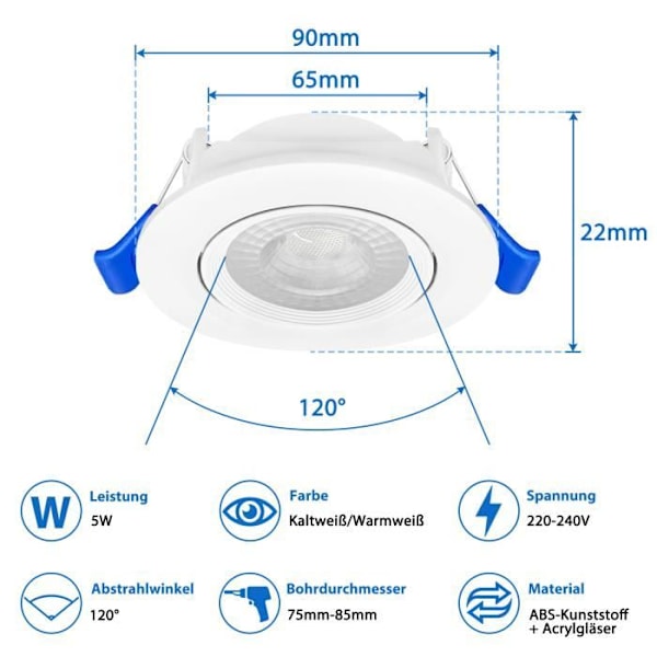 XMTECH 20-pak indbygget spot LED Downlight Panel Slimline 5W varm hvid, 5W loftspot, til badeværelse, stue, soveværelse