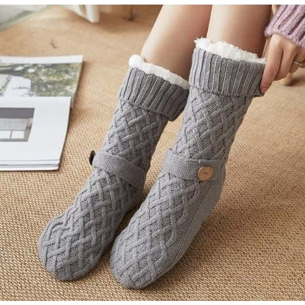Søde og varme sokker med knap og antislip - FLUFFIGE - One Size MÖRKGRÅ