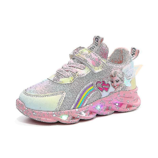 Flickor Led Casual Sneakers Elsa Prinsesse Trykk Utesko Barn Lys-opp Sklisikre Sko for Vår og Vinter - Yzy Rosa Pink 35-insole 21.8cm