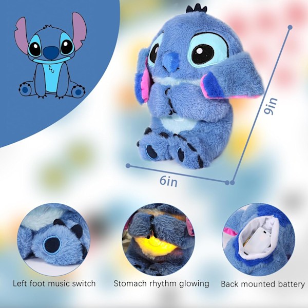 Lämmitävä Stitch-pehmolelu, Stitch ahdistuksen lievittämiseen, rytminen hengitysääni nukkuville lapsille ja aikuisille Blue Stitch