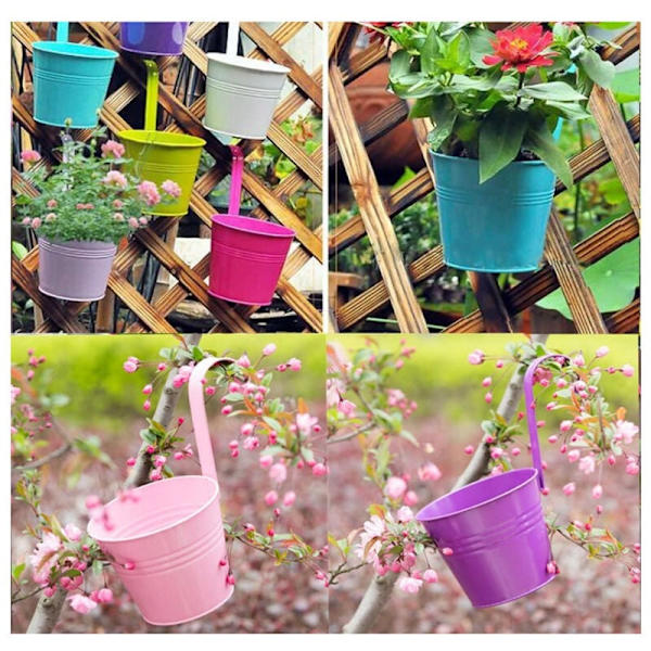 Sett med 10 metallhengende blomsterpotter med dreneringshull, avtakbar krok i forskjellige farger