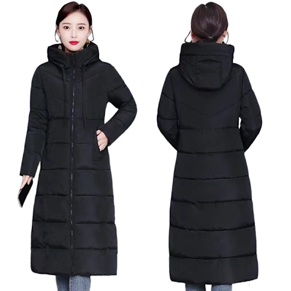 Vinterjakke med hætte til kvinder, lang over knæ, varm tyk polstret jakke, dunjakke i casual BLACK BLACK 4XL