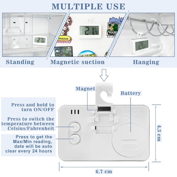Kjøleskapstermometer Digitalt kjøleskapstermometer, 2 sett Digitalt vanntett kjøle-frysetermometer med lettlest LCD-skjerm (hvit-2)