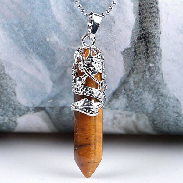 Totem drake formet natursten hexagon hengesmykke Tiger eye