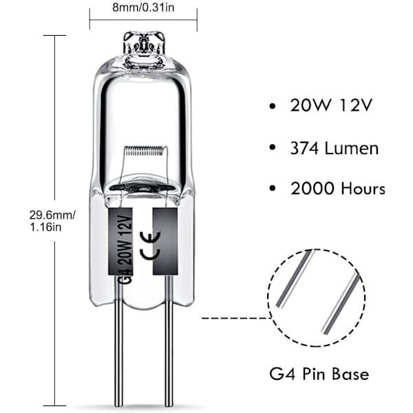 G4 Halogenpærer 10W 12V - Varmhvit - 20-pakning 10W 20stk-FA-