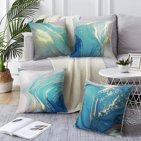 Kuddfodral 18x18 tum Set med 4 Marmor Texture Turkos & Guld Dekorativa