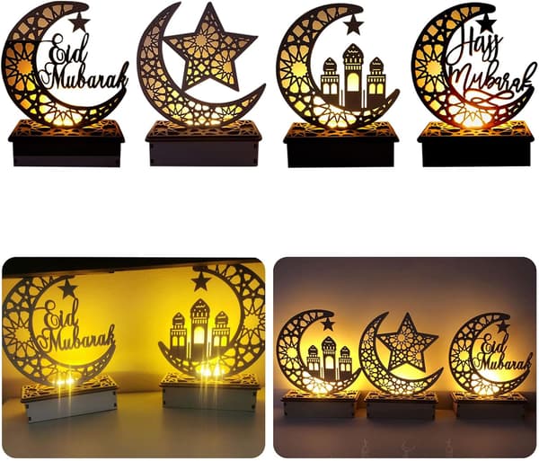 Træ LED lampe Ramadan dekoration Halvmåne stjerne lys Muslimsk Islam Eid-FA-