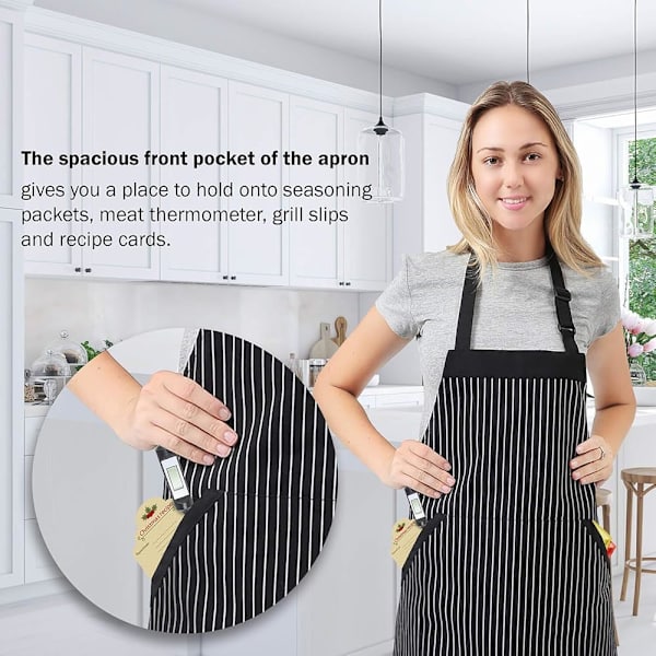 Justerbar Haklappsförkläde med Fickor - Extra Långa Band, Kommersiell Kvalitet, Unisex - Svart/Vit Pinstripe (33 x 27 Tum)