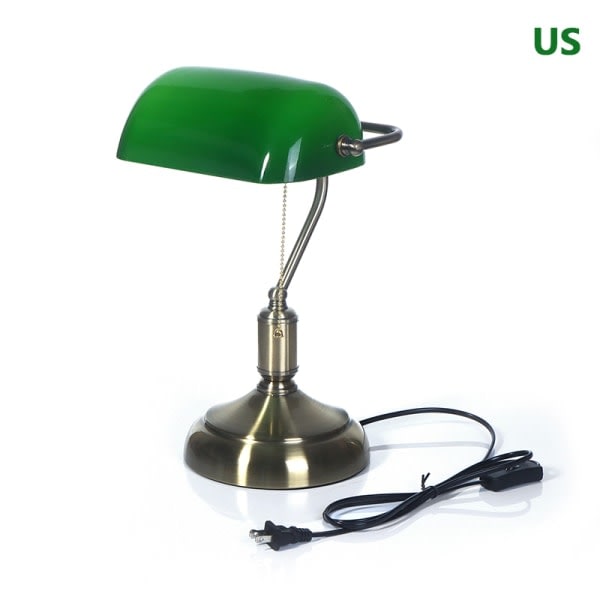 Klassisk Vintage Banker Lampe Bordlampe Grøn Glas Skærm Skrivebord B