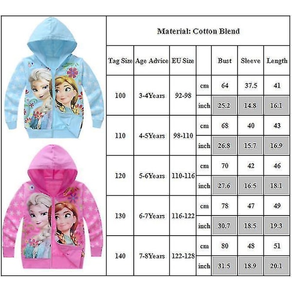 Frozen Elsa Anna Print Långærmet Hoodiejakke Børn Piger Casual Hætte Yderbeklædning med fuld lynlås Light Blue