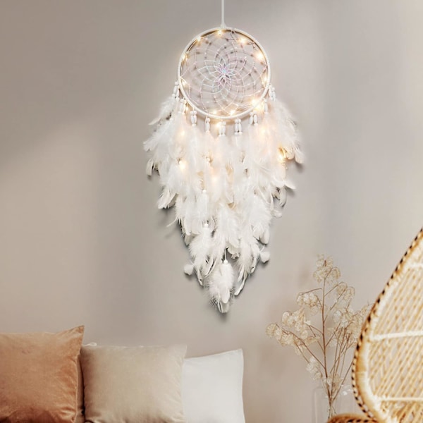 LED drømmefangere for barn veggdekor hvite fjær drømmefanger med lysperler Boho dekor vevd kunst ornament håndlaget gave til barnerom hengende