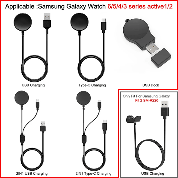 Snabbladdningskabel för Samsung Galaxy Watch 6 5 Pro 4 Active 2 Laddningsdocka fäste USB/Typ c Laddare för Galaxy Fit 2 SM-R220 B5