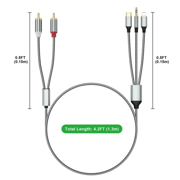 Lightning till RCA-kabel ljud Aux-adapter, RCA till 3,5 mm kabel, USB C till 2 RCA ljudkabel, 3 i 1 ljudkabel för bil, hemmabio, högtalare och mer