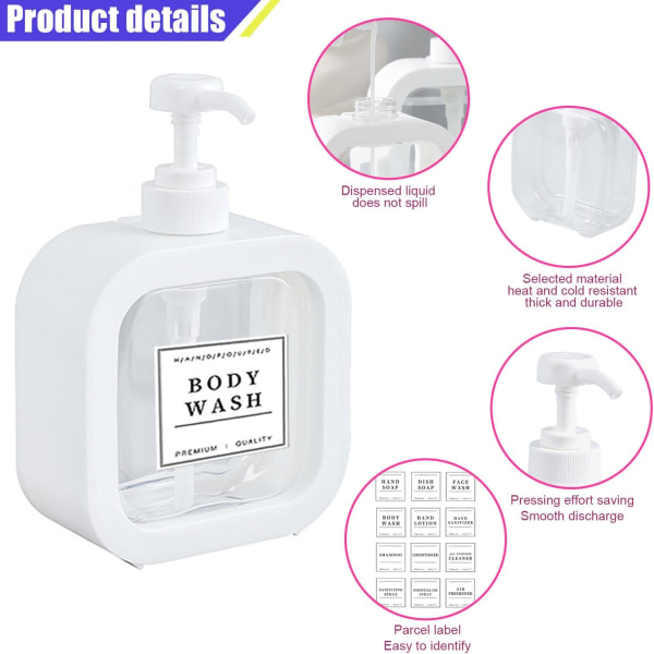Tvålpump set med 2: Trycktyp stor kapacitet tom pumpflaska med etiketter, återanvändbar tvålpump för kök och badrum (500ml, vit)