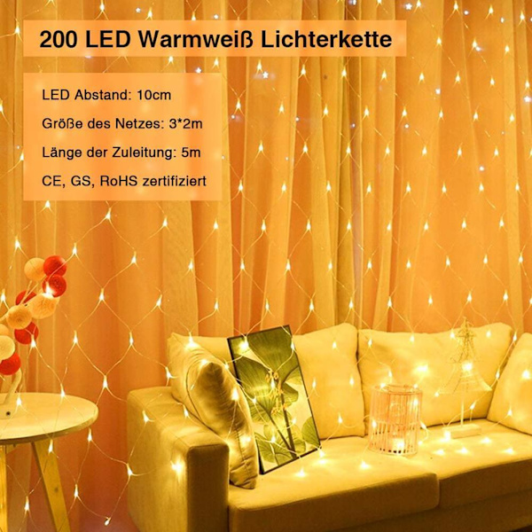 200 LED-ljusnät 3 x 2 meter LED-ljusslingor Vattentät 8 lägen Ljusslingor Gardin Inomhus Utomhus Dekoration för trädgård Bröllopsfest EU-kontakt 220V