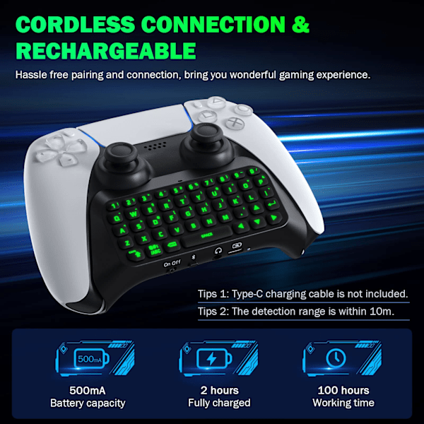 Tastatur for PS5-kontrollere med grønn bakgrunnsbelysning, Bluetooth trådløst minitastatur chattebrett 0.15