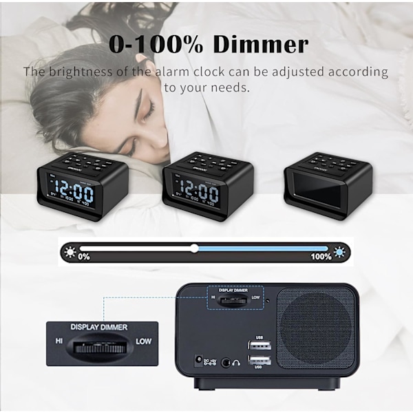 Radiovækkeur med dobbelt alarm, digital vækkeur med 2 USB-opladningsporte, 0-100 % dæmpbar, justerbar lydstyrke, indendørs termometer (sort)