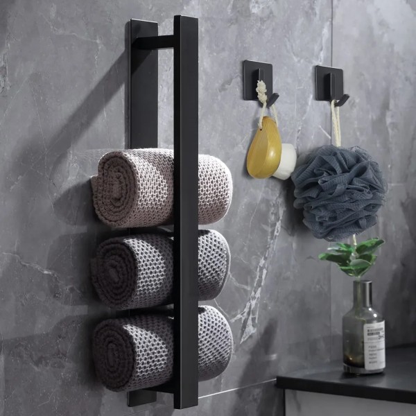 Håndklædeholder uden boring sort håndklædeholder badeværelse gæstehåndklædeholder vægmontering rustfrit stål mat håndklædeholder (41cm)