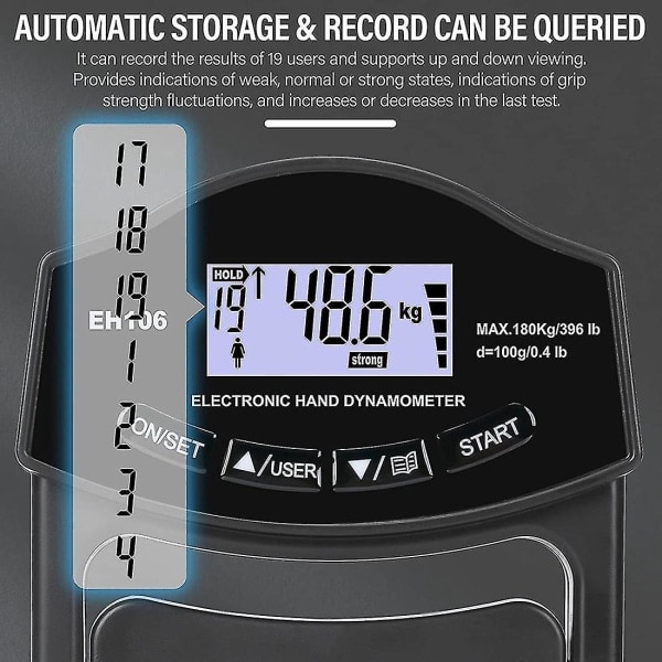 Grepsstyrketester, 396 lbs/180 kg Digital Hånddynamometer Grepsstyrkemåler USB LCD-skjerm Håndgrepsdynamometer