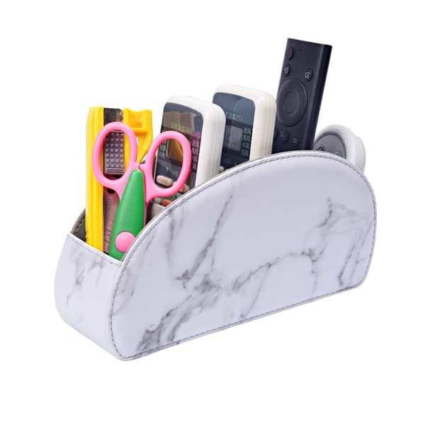 Remote Control Holder with 5 Compartments, PU Leather Organizer Storage Box for TV Remote Control White-FA- White