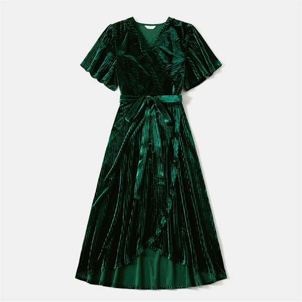 Familiematchende klær Grønn fløyel Surplice Neck Volang-ermer Damekjole og rutete skjorter Family Look Set Gr Green Women XL