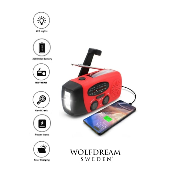 Vevradio / Nödradio med Solceller, Ficklampa, 2000mAh Powerbank röd red