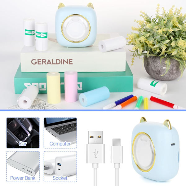 Mini Bærbar Fotoprinter, 15 stk Mini Varmeprinter, Mini Bluetooth-kompatibel Printer med LED-lys G