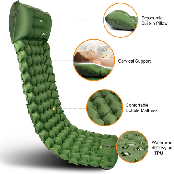 Selvblæsende Campingmadras, Sovepose med Pude og Fodpumpe, Bærbar Ultralet Oppustelig Madras til Camping, Rejser, Vandreture, Grøn
