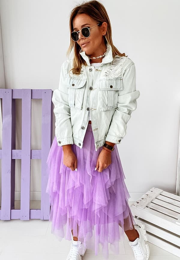 Tyllkjol för kvinnor med elastisk midja och mesh, lång kjol-FA- purple