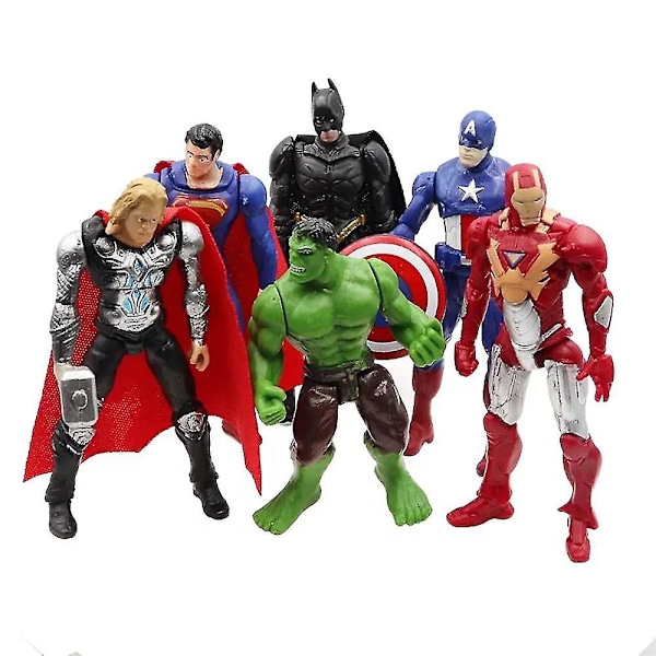 6 kpl Marvel DC Superherot PVC-actionfiguurit Superman Iron-Man Captain America Batman Hulk Thor Playset Nukke Leikkikalut Lapset Fanit Lahja [HK]