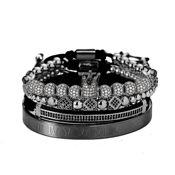 4-pack Lyxiga Krona Kub Charm Armband för Män Trendig Romerska Siffror Rostfritt Stål Armband Set Smycken Present 3
