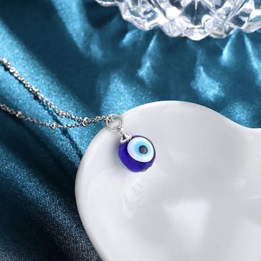 Evil Eye Necklace with Turkish Blue Eyeball Bead Chain Pendant Necklace Women Men (Silver)-FA-