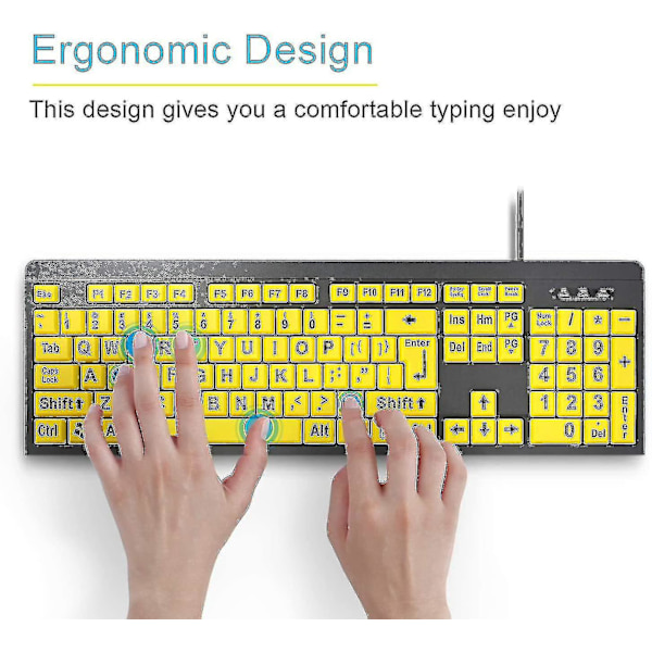 Tastatur med store taster - gul, kablet USB-tastatur med høy kontrast for synshemmede