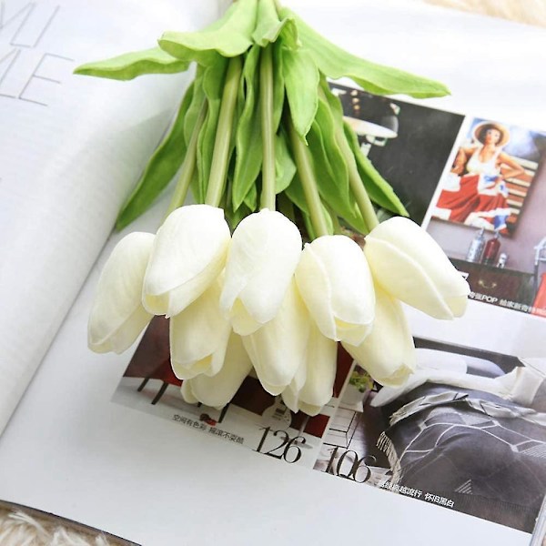 30st konstgjorda tulpaner Blommor Real Touch Tulpaner Holland Pu Bukett Latex Blomma Vit (vit)