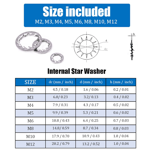 300 stk 304 rustfritt stål innvendig tannhjul Star Lock skive sortiment - Inkluderer: M2.5 M3 M4 M5 M6 M8 M10 M12