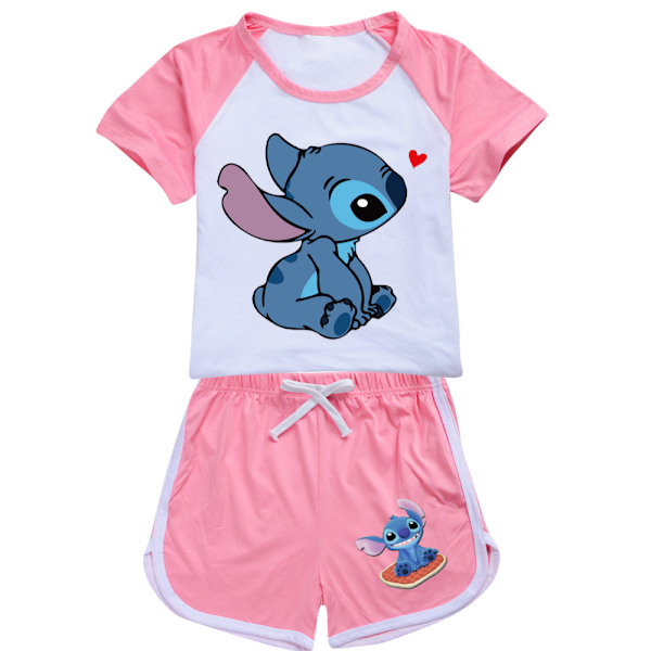 Barnpiger Lilo Stitch Trykt Afslappet T-shirt Shorts Tracksuit Sæt Alder 7-14 År Pink Pink 150cm