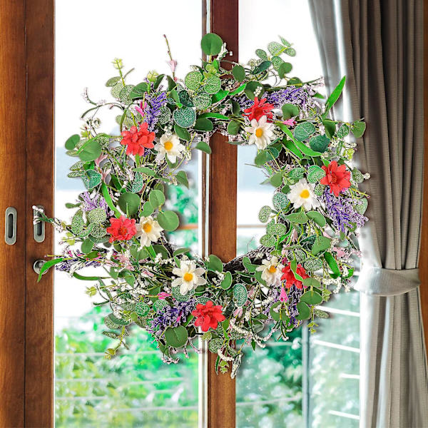 22-tums dörrkrans, vår sommar konstgjorda kransar eukalyptus blomkrans året runt dekoration för ytterdörr, hem, fönster, vägg, bröllop, fest (w