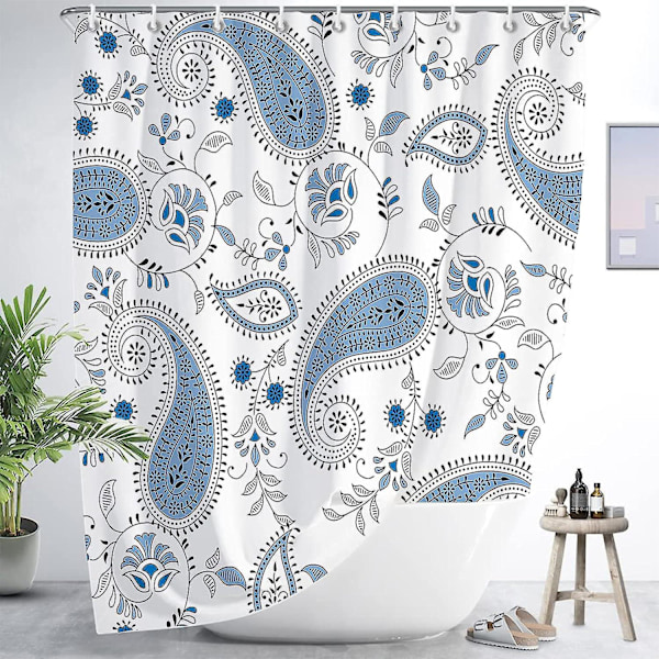 Akvarell Växtblad med Blommig Badrum Duschdraperi Ljusblå 180x180cm Light Blue