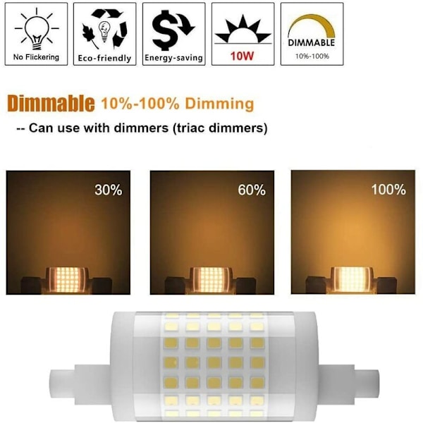 2-pak 78mm R7S LED-pære, 10W dæmpbar J78, 100W T3 halogen erstatning, varm hvid 3000K