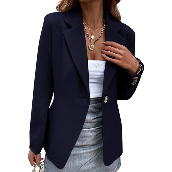 Kvindesæt med en knap Blazer Jakke Langærmet Frakke Business Casual Slim Fit Yderbeklædning Mørkeblå Dark Blue S