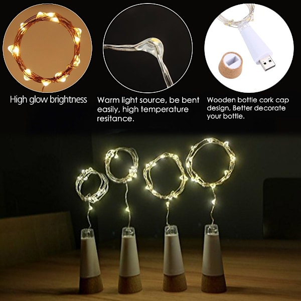 LED-pullon korkkivalot, USB-ladattava, 6ft 20 LEDiä, kupari