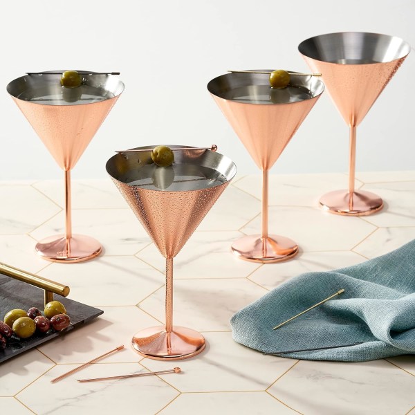 4 Elegante Martini Cocktailglas i Rustfrit Stål Rosaguld