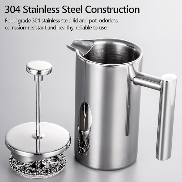 350ml/800ml/1000ml Rustfrit Stål Fransk Presse Kaffemager Dobbelt Vægs Isoleret Kaffemager BY-WELLNGS 1000 ml