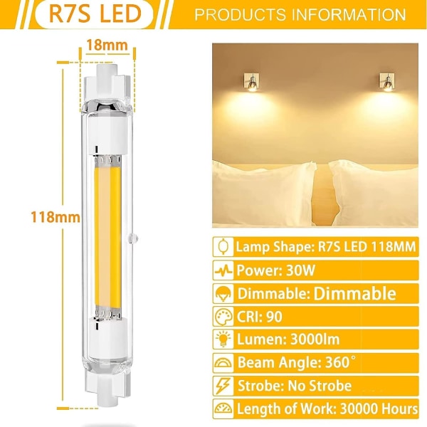 2 stk R7s 118mm LED-pære 30w dæmpbar, varm hvid 3000k, ingen flimmer