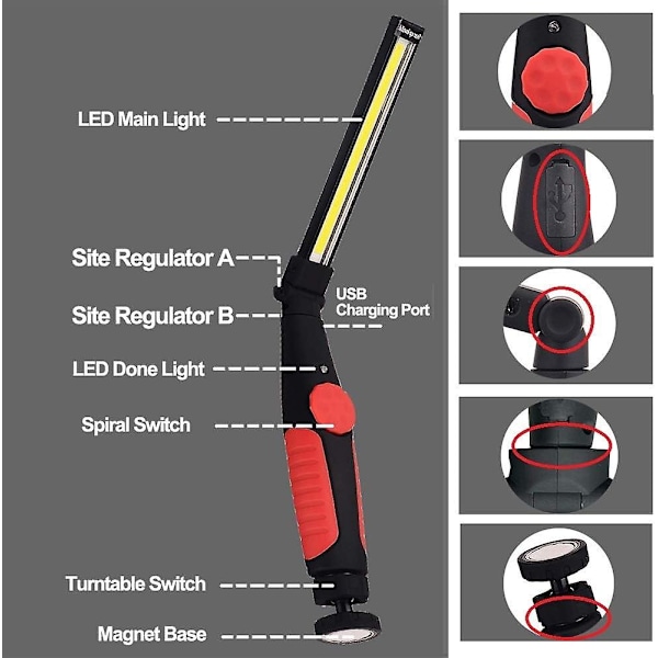 Laderbar LED-arbeidslampe med magnet og USB, sammenleggbar 360 graders rotasjon, laderbar LED-inspeksjonslampe, inspeksjonslampe for husarbeid